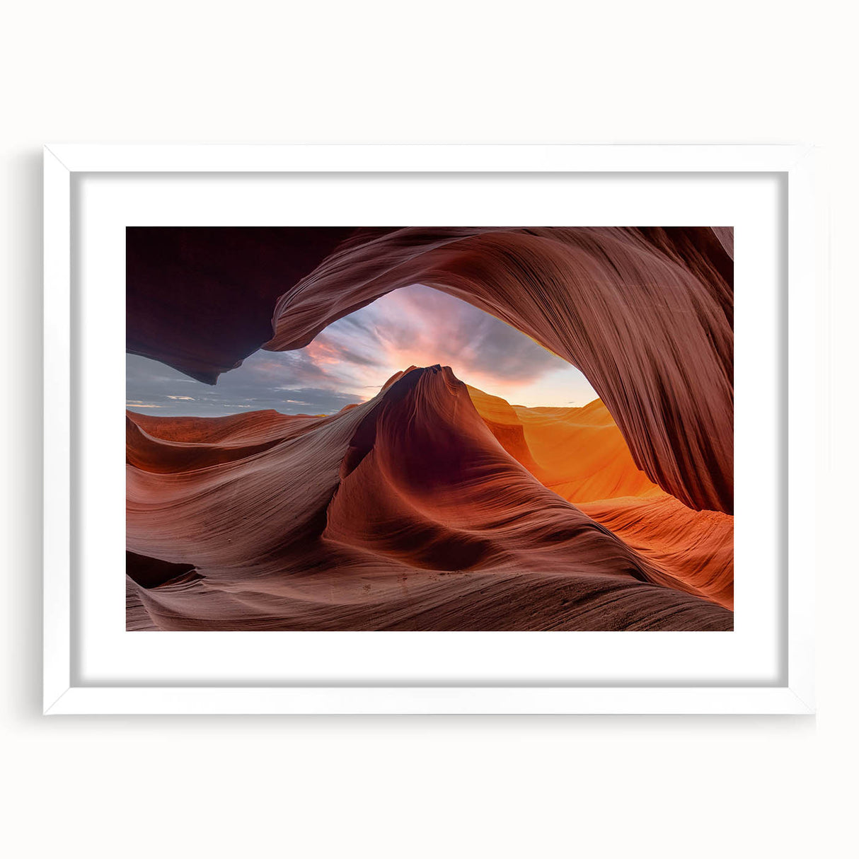 Framed wall art showcasing a stunning canyon landscape design, featuring a white mat and sleek frame, perfect for enhancing home decor with natural beauty.