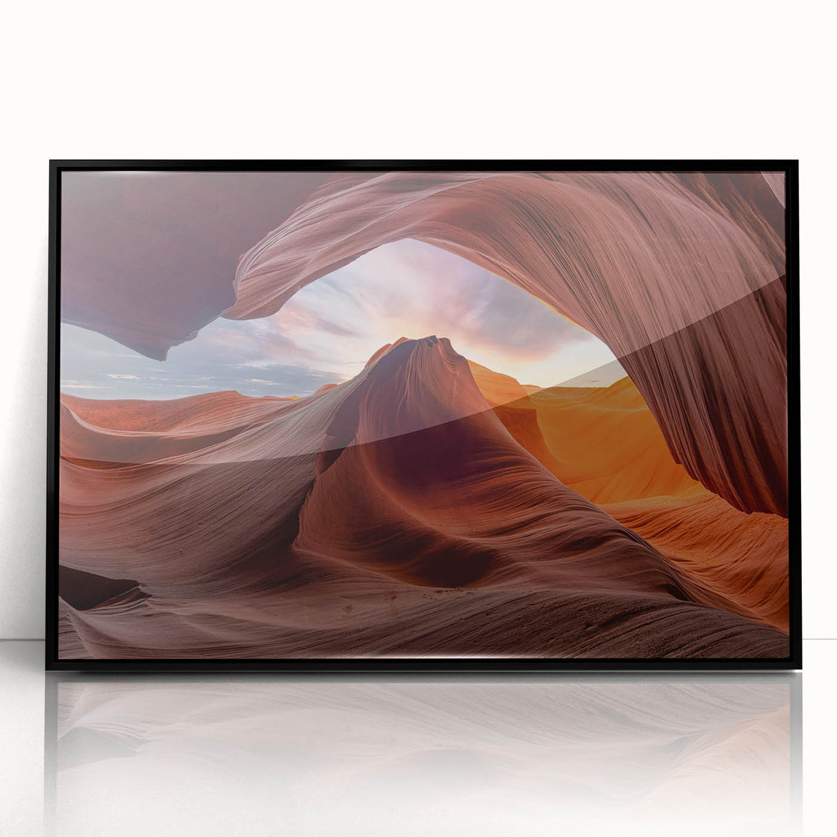 Framed wall art featuring a stunning canyon landscape design with vibrant colors and intricate details, showcased in a sleek black frame, perfect for modern decor.
