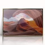 Framed acrylic wall art showcasing a stunning canyon landscape design with gold accents, perfect for modern home decor, adding a touch of elegance.