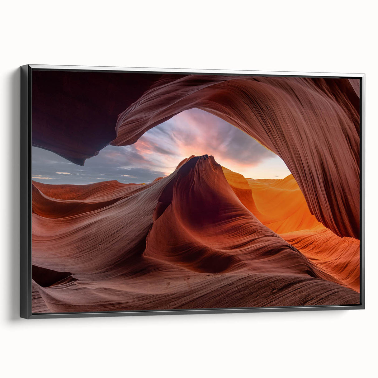 Framed canvas wall art showcasing a stunning canyon landscape design with vibrant colors, featuring a sleek black frame, ideal for enhancing modern home decor.
