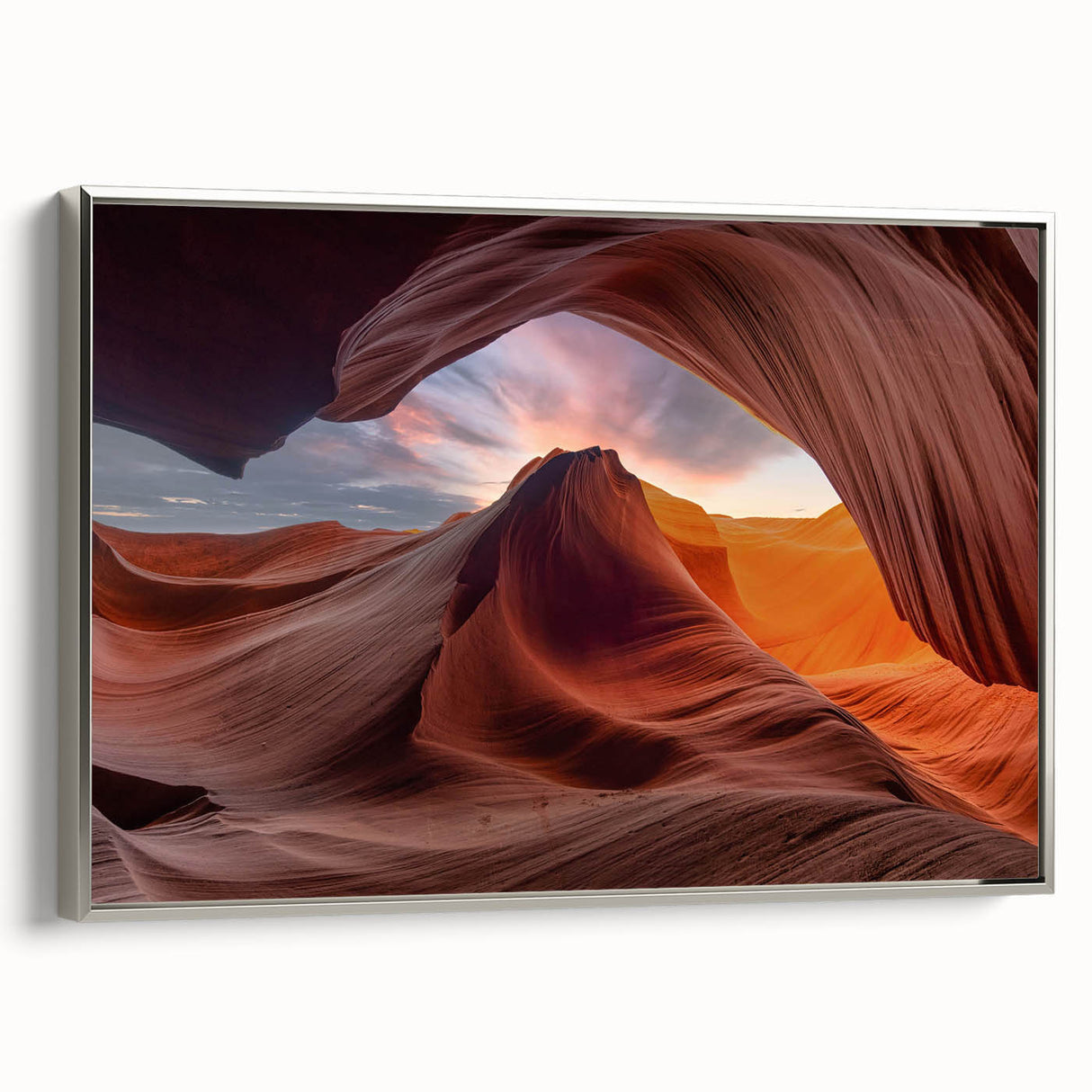 Framed wall art collection showcasing a stunning canyon landscape design, with silver accents and a sleek side view, perfect for modern home decor.