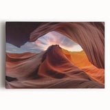 Stretched canvas wall art showcasing a vibrant desert canyon landscape with rich orange and red hues, perfect for enhancing modern home decor.
