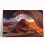 Stretched canvas wall art depicting a vibrant canyon landscape with rich earthy tones, ideal for home decor, showcasing natural beauty and serenity.