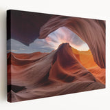 Stretched canvas wall art showcasing a vibrant canyon landscape design, featuring rich earth tones and dramatic rock formations, ideal for home decor.
