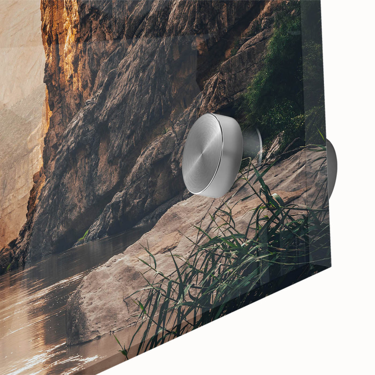 Close-up of a vibrant acrylic glass wall art piece, showcasing a stunning landscape canyon design with rich colors and intricate details, perfect for home decor.