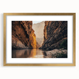 Framed gold wall art showcasing a stunning canyon landscape design, perfect for home decor, featuring a mat for a polished look and elegant presentation.