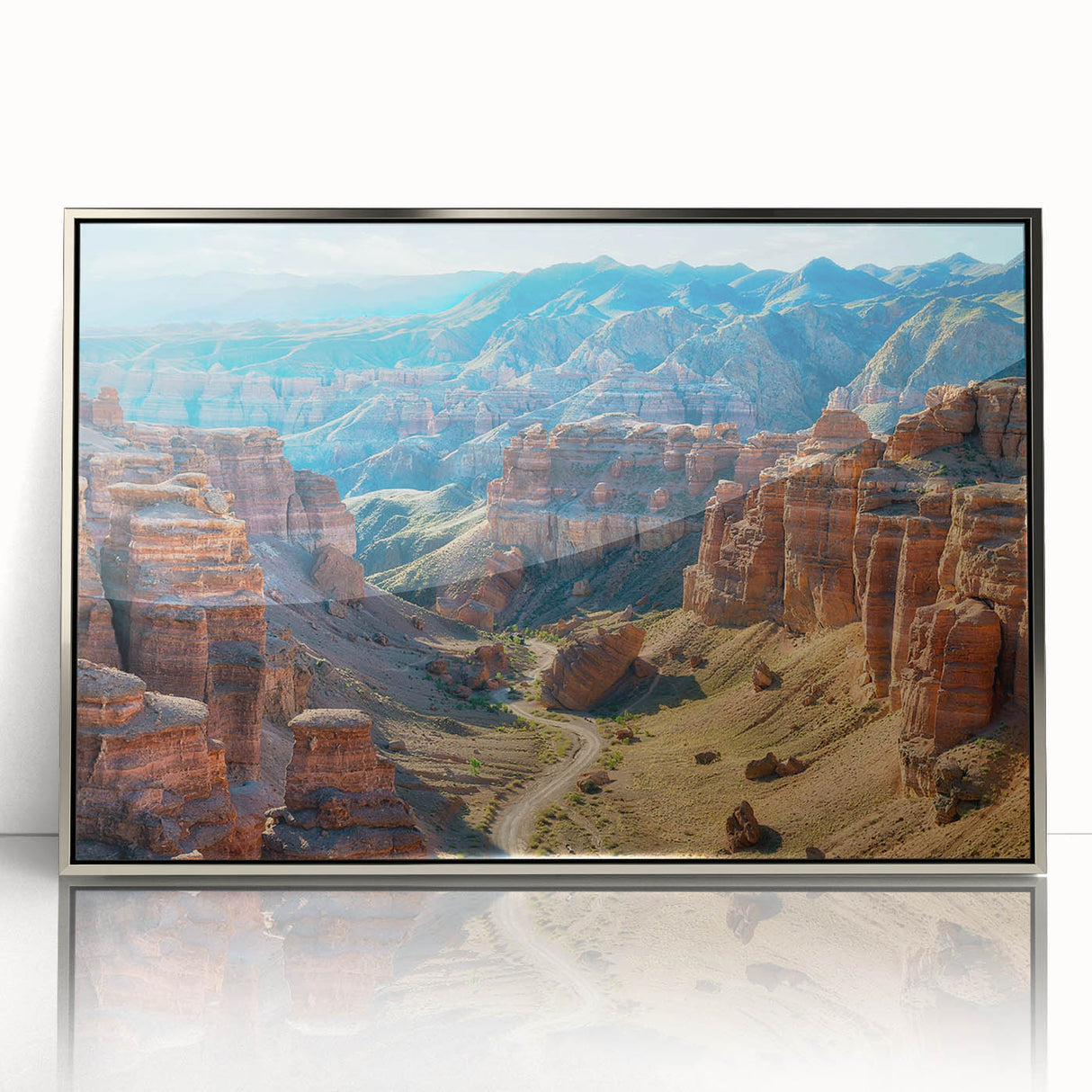 Framed acrylic wall art showcasing a stunning canyon landscape design with vibrant colors and intricate details, ideal for modern home decor and artistic ambiance.