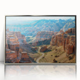 Framed acrylic wall art showcasing a stunning canyon landscape design with vibrant colors and intricate details, ideal for modern home decor and artistic ambiance.