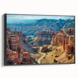 Framed canvas wall art showcasing a stunning canyon landscape design in vibrant colors, presented from a side view against a neutral background, perfect for home decor.