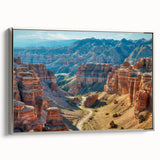 Framed silver canvas wall art showcasing a stunning landscape of canyons with rich color gradients, ideal for enhancing modern home decor. Perfect for nature lovers.