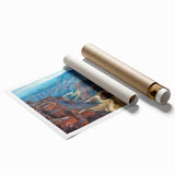 Vibrant rolled print of a canyon landscape, showcasing rich earthy tones and intricate details, ideal for home decor or art enthusiasts, packaged securely in a protective tube.