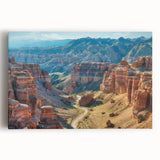 Stretched canvas wall art showcasing a stunning landscape of canyons in warm earth tones, ideal for enhancing modern home decor and creating a serene atmosphere.