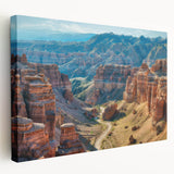 Stretched canvas artwork showcasing a vibrant canyon landscape with rich earthy tones, designed for wall decor, highlighting nature's beauty and serenity.
