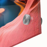 Close-up of a vibrant acrylic wall art piece depicting abstract landscapes and canyons, showcasing rich colors and intricate details, ideal for modern decor.