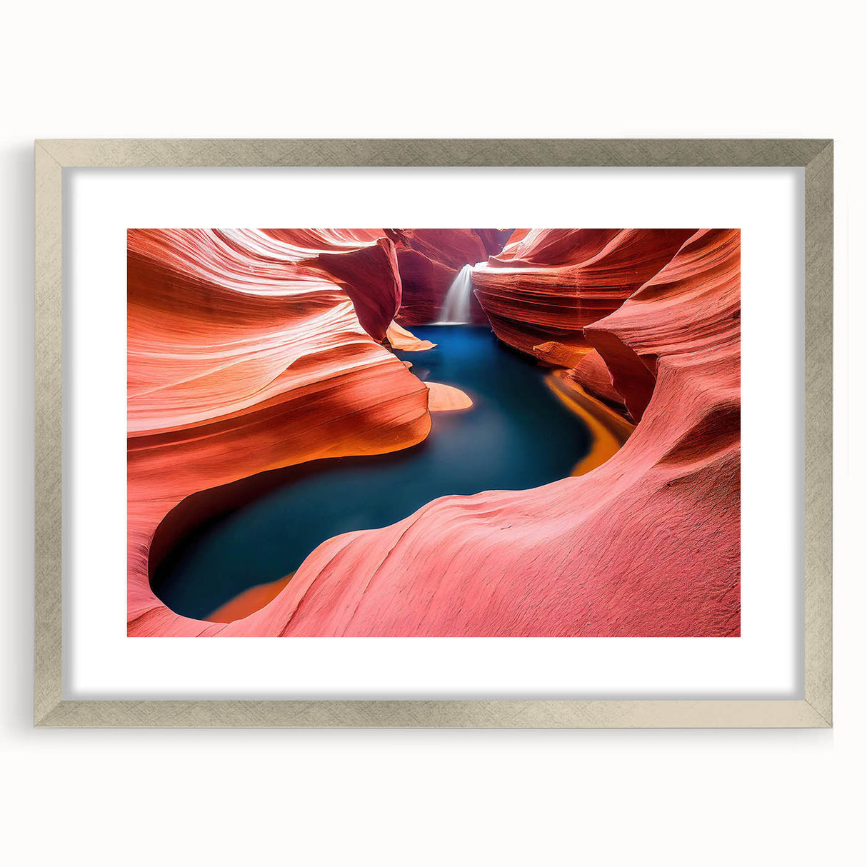Silver-framed wall art collection showcasing a stunning canyon landscape design with a mat, perfect for enhancing modern home decor and creating a serene atmosphere. The artwork features vibrant colors and intricate details, ideal for nature enthusiasts and art lovers.
