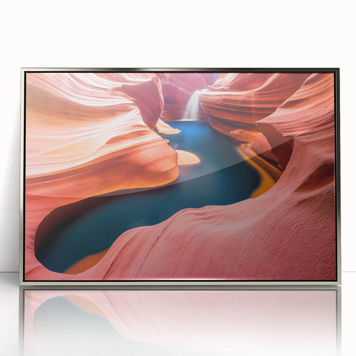 Framed acrylic wall art showcasing a stunning canyon landscape design in silver, perfect for modern home decor. This piece adds depth and elegance to any room.