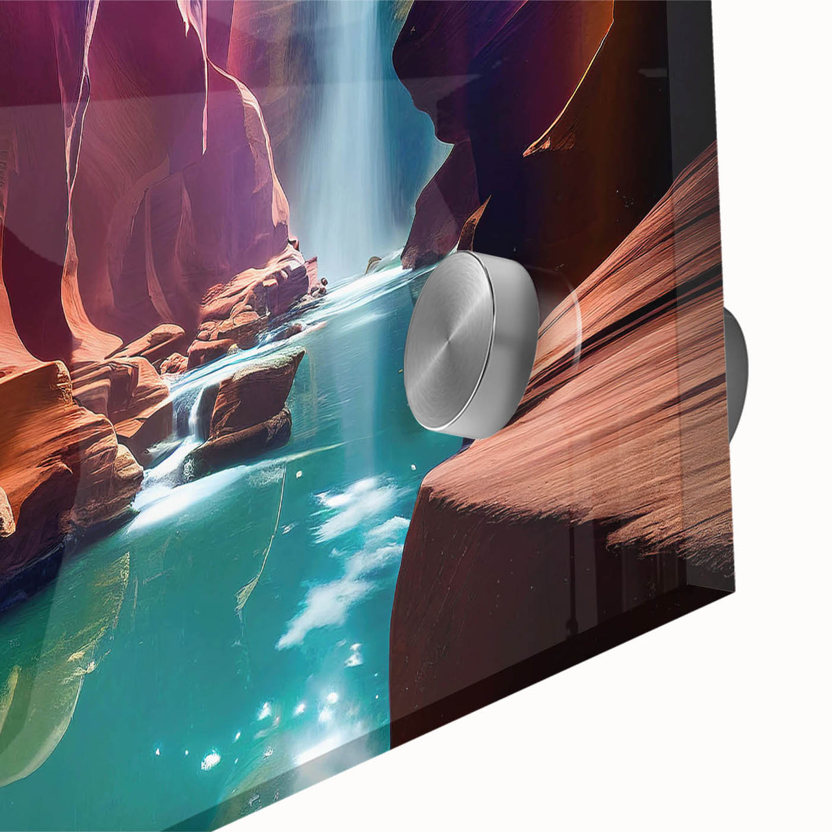 Close-up of an acrylic glass wall art piece showcasing a vibrant canyon landscape design, featuring rich colors and intricate textures, perfect for home decor.