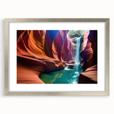 Framed wall art featuring a stunning landscape canyon design, with a silver mat and sleek frame, ideal for enhancing home decor and adding elegance to any room.