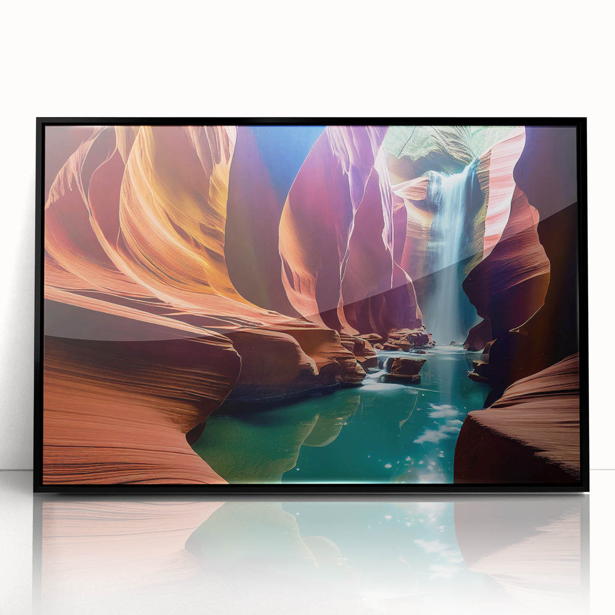 Framed acrylic wall art showcasing a stunning canyon landscape design in vibrant earthy tones, perfect for enhancing modern home decor.