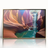 Framed acrylic wall art featuring a stunning canyon landscape design with gold accents, perfect for enhancing modern home decor. Ideal for nature enthusiasts.