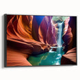 Framed canvas wall art depicting a stunning canyon landscape with vibrant colors and intricate details, presented in a sleek black frame for modern decor.