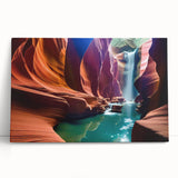 Stretched canvas wall art featuring a vibrant canyon landscape design, showcasing rich earthy tones and dramatic rock formations, perfect for home decor.