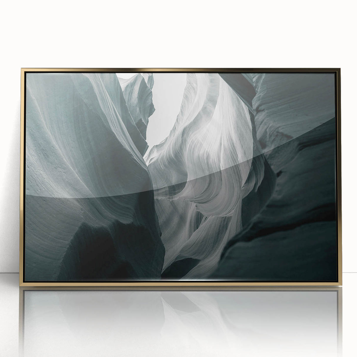 Framed acrylic wall art showcasing a vibrant canyon landscape with golden accents, perfect for modern home décor. Ideal for nature enthusiasts and art collectors.
