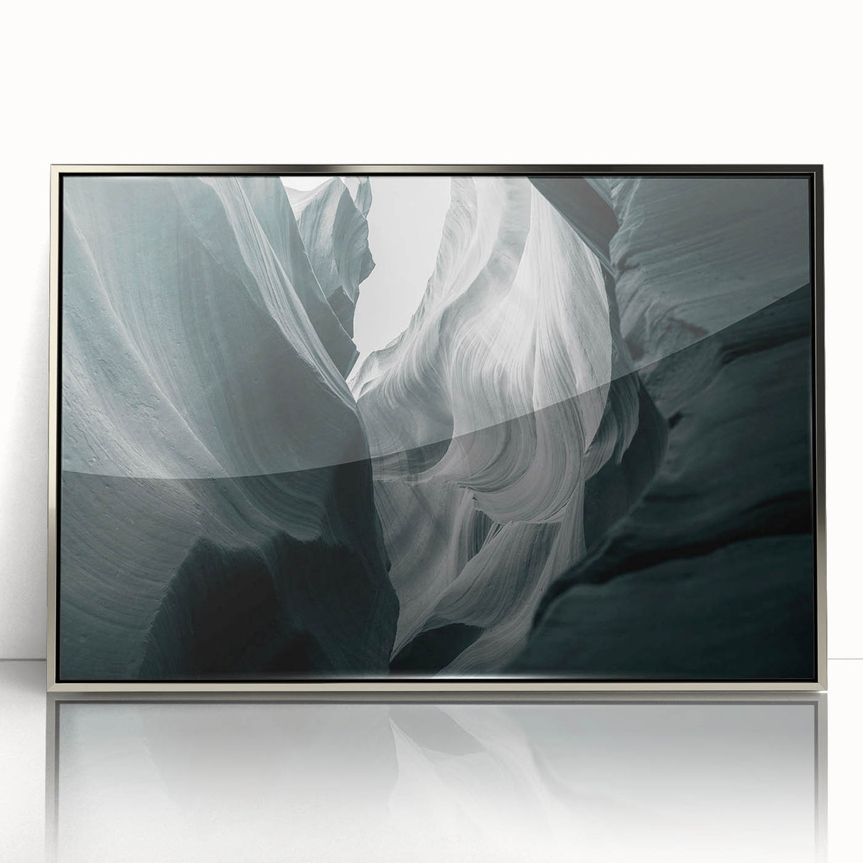 Framed acrylic wall art showcasing a stunning canyon landscape with vibrant colors, perfect for modern home decor. Silver frame enhances visual appeal and elegance.