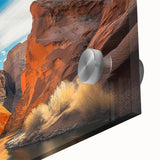Vibrant close-up of a stunning acrylic glass wall art piece showcasing intricate canyon landscape design, featuring rich earth tones and bold textures, perfect for modern home decor.
