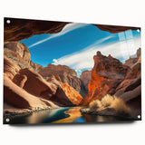 Acrylic glass wall art depicting a stunning canyon landscape design, showcasing vibrant colors and intricate details, elegantly displayed with pins for a modern aesthetic.