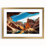 Elegant gold-framed wall art featuring a stunning landscape of canyons, showcasing rich textures and colors, perfect for home décor enthusiasts seeking natural beauty.