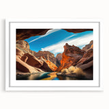 Framed wall art featuring a stunning desert canyon landscape with vibrant colors, set in a white matte frame, perfect for home decor enhancement.