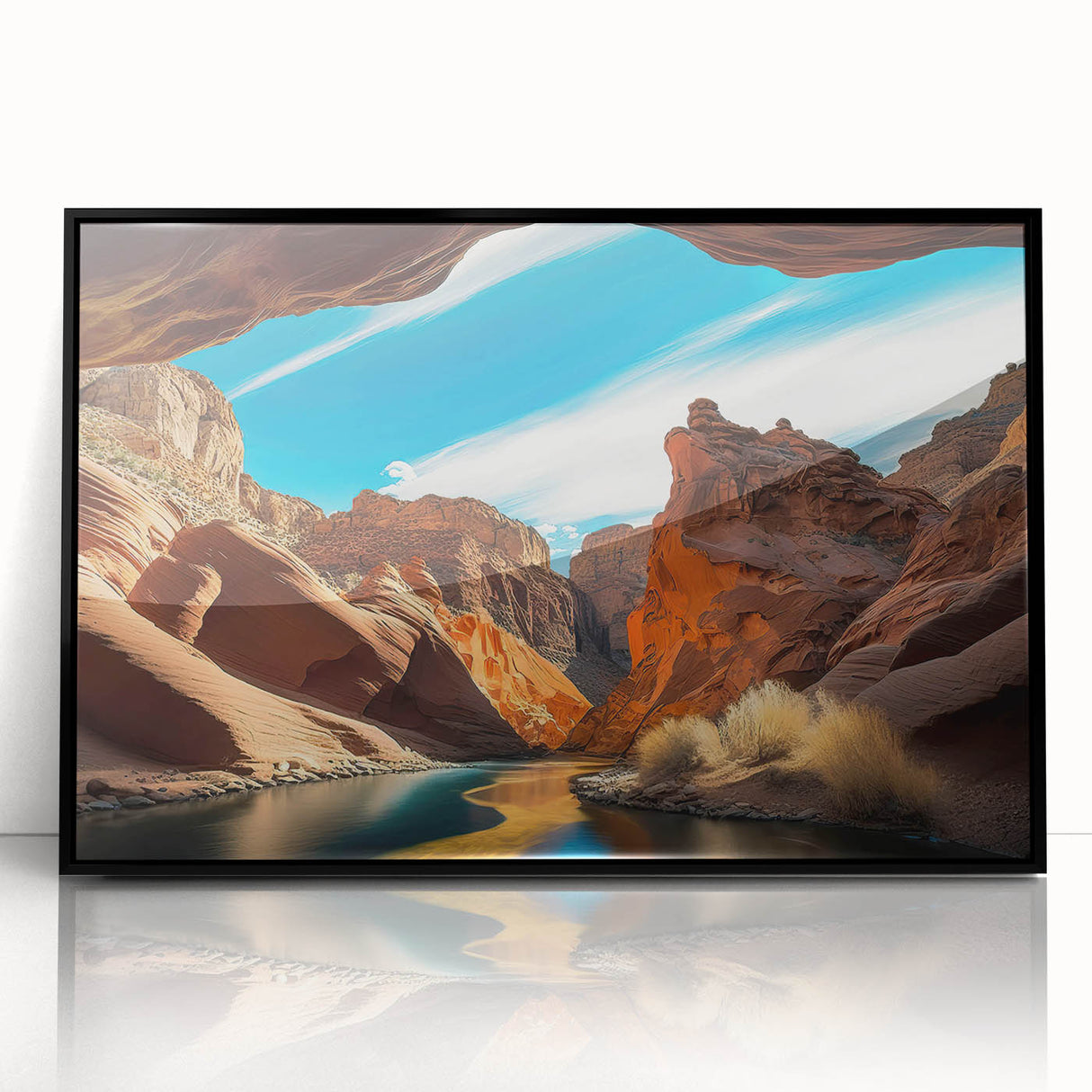 Framed wall art featuring a stunning canyon landscape design, with vibrant colors and intricate details, showcased in a sleek black frame, perfect for modern decor.