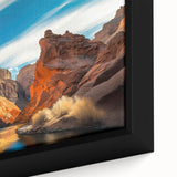 Close-up of a framed canvas wall art featuring vibrant canyon landscapes in warm hues, ideal for home decor, evoking tranquility and natural beauty.