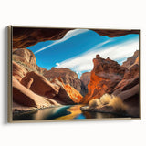 Framed canvas wall art showcasing a stunning canyon landscape with rich gold accents, perfect for modern home decor. Ideal for adding elegance to any space.