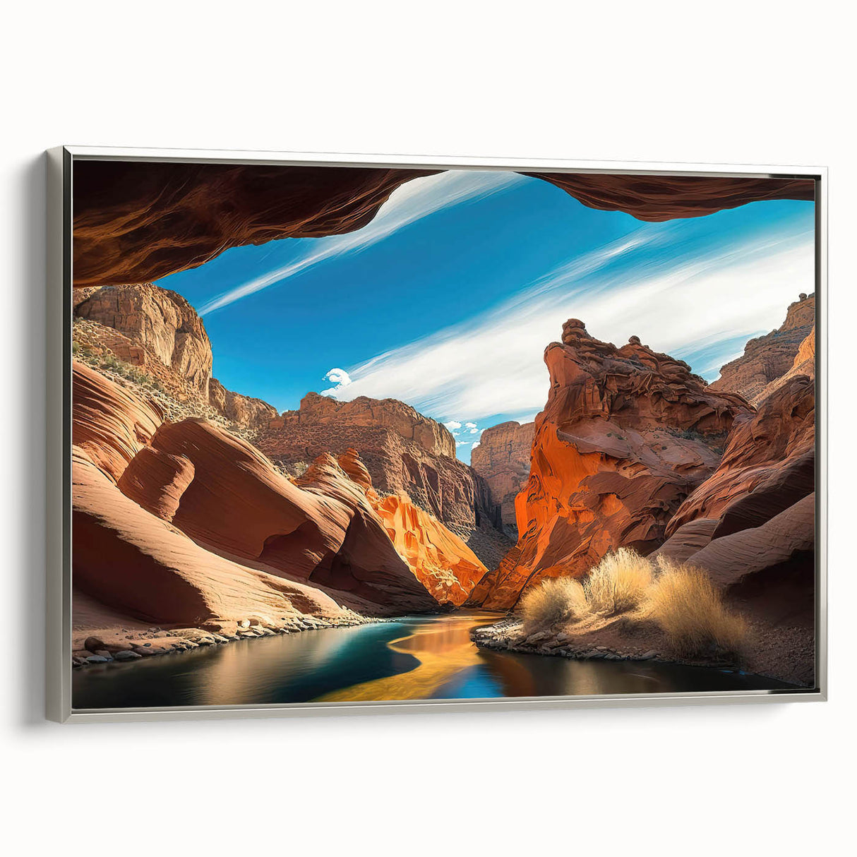 Framed canvas wall art showcasing a stunning canyon landscape design with vibrant colors and intricate details, elegantly displayed in a sleek silver frame.