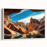 Framed canvas wall art showcasing a vibrant canyon landscape design, featuring rich earthy tones and intricate details, ideal for modern home decor.