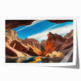 Stunning rolled print showcasing a vibrant canyon landscape design, ideal for home decor, featuring rich earth tones and dramatic rock formations, packaged securely for delivery.