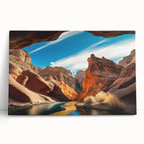 Stretched canvas wall art showcasing a vibrant canyon landscape design, featuring rich earth tones and intricate details, perfect for enhancing modern decor.