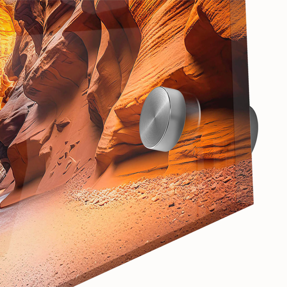 Close-up view of a vibrant acrylic glass wall art piece showcasing a stunning canyon landscape design, featuring rich colors and intricate details, perfect for home decor.