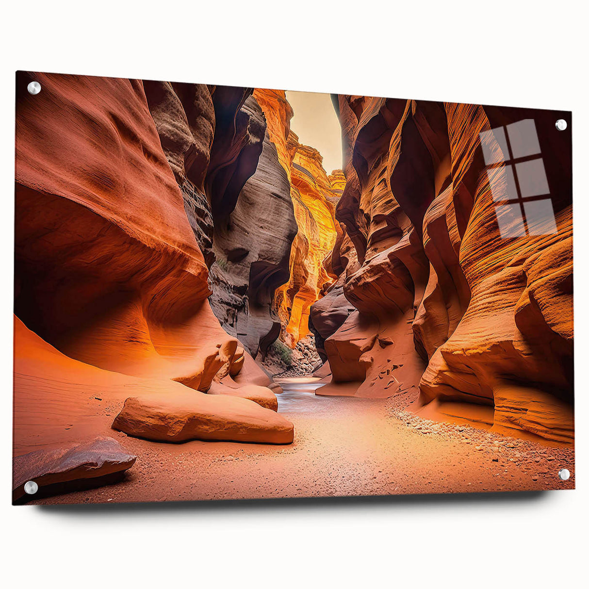 Acrylic glass wall art showcasing a vibrant canyon landscape design, viewed from the side with decorative pins, perfect for modern home decor.
