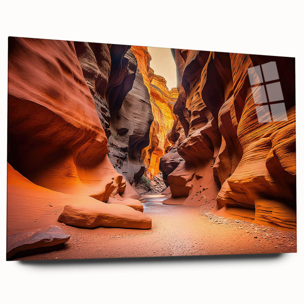 Acrylic glass wall art piece showcasing a stunning canyon landscape design, featuring vibrant colors and intricate details, displayed from a side view without pins. Perfect for enhancing modern home decor and creating a serene atmosphere.