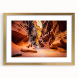 Framed wall art featuring a stunning canyon landscape design with a gold mat, perfect for home decor, showcasing vibrant earth tones and intricate details.