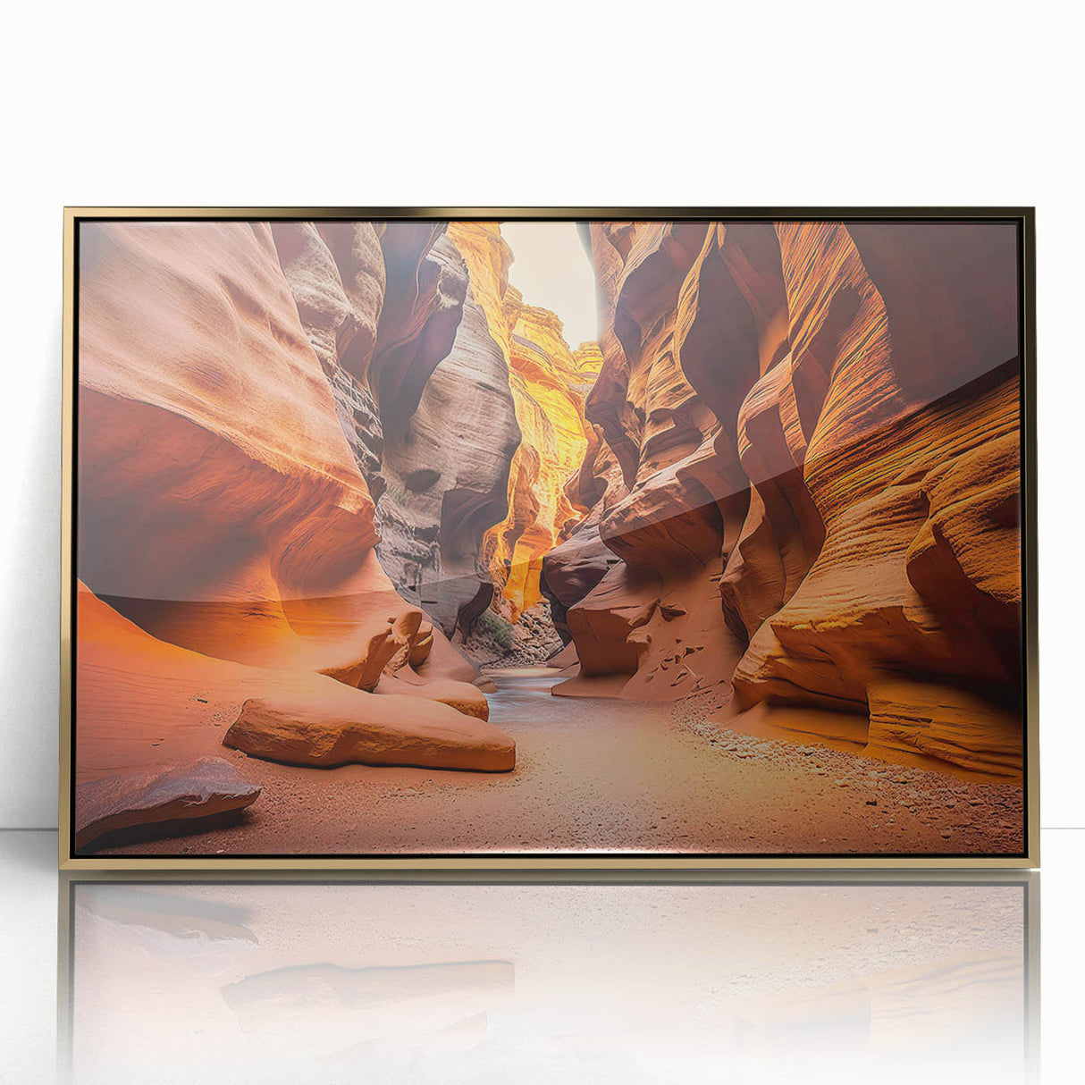 Framed acrylic wall art showcasing a stunning landscape of canyons, featuring vibrant gold tones and intricate details, perfect for modern home decor.