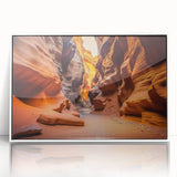 Framed wall art featuring a stunning canyon landscape design with vibrant colors, displayed in a sleek white frame, ideal for home decor enhancement.