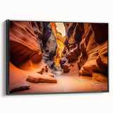 Framed canvas wall art showcasing a vibrant canyon landscape design, with rich colors and intricate details, set against a sleek black frame for modern decor.