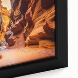 Close-up of a framed canvas wall art piece showcasing a vibrant canyon landscape with intricate details, perfect for enhancing home decor. Ideal for nature lovers, this artwork features rich earthy tones and dynamic textures that bring the beauty of the outdoors inside.