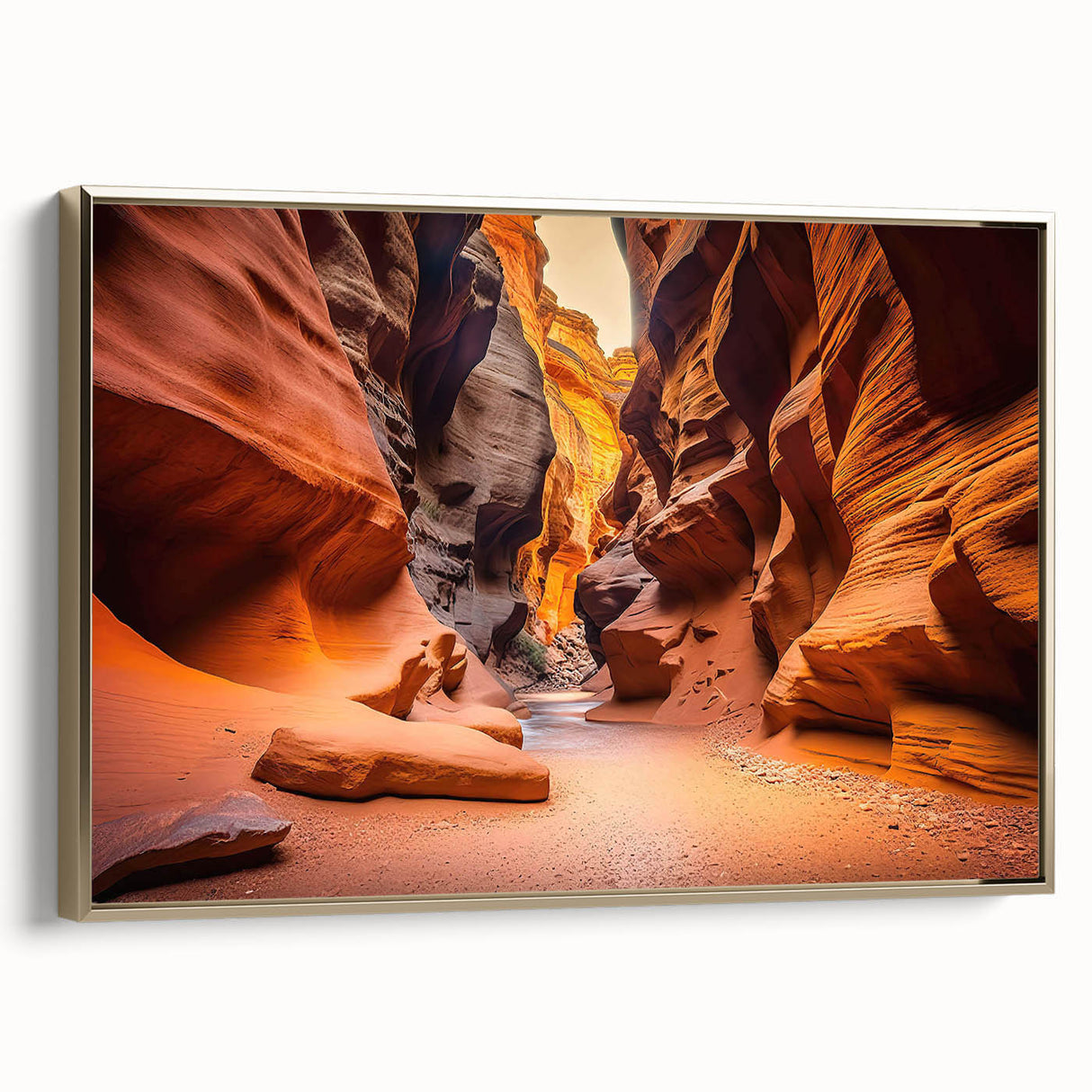 Framed wall art showcasing a stunning canyon landscape design with rich gold accents, ideal for contemporary home decor, displayed from a side angle.
