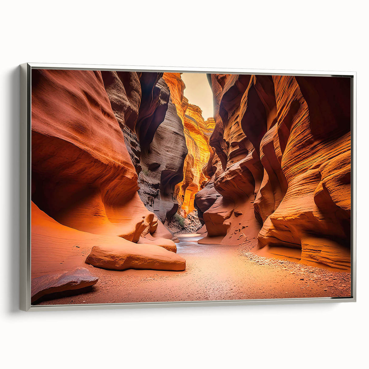 Framed canvas wall art showcasing a stunning canyon landscape design, featuring rich earthy tones and intricate details, ideal for enhancing modern home decor.