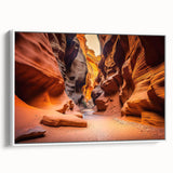 Framed canvas wall art featuring a stunning canyon landscape design with vibrant colors, set against a white background for a modern touch, ideal for home decor.